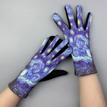 Winter Warm Van Gogh Oil Painting Gloves Fashion Retro Opera Performance Women Cycling Drive Touch Screen Full Finger Thicken