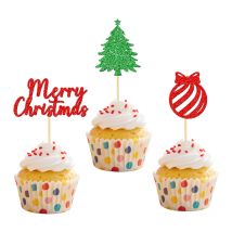 YOMDID 24Pcs Christmas Cake Decorations Holiday Cupcake Toppers for Christmas Cake Toppers Glitter Christmas Decorations