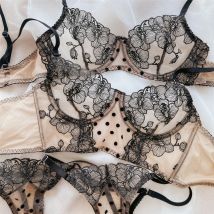 Damen sinnliche ultra dünne Spitze Stickerei BH weichen Stahl Ring Polsterung gesammelt Dessous transparente Tanga Unterwäsche Set