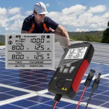 Il tester solare MPPT, il pannello fotovoltaico rileva la tensione del circuito aperto 80 V, corrente da cortocircuito 35 A e potenza 1000 W.
