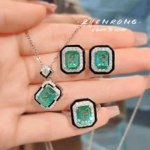 925 Silber Farbe Quadrat Paraiba minimalist ischen Prinzessin Schnitt Schmuck setzt Luxus Retro schwarz Emaille Ohrringe Halskette Ohrring Geschenk