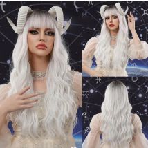 HENRY MARGU Weiße gewellte synthetische Perücke mit Pony, langer Körper, gewellt, dunkle Wurzel-Perücken, Damen, Cosplay, Weihnachten, Kunsthaar, hitzebeständig