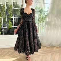 Vintage schwarze Abendkleider Spitze Abschluss ball Party kleider mittlere Waden länge lange Ärmel Hochzeit Gast kleid Pailletten Schatz