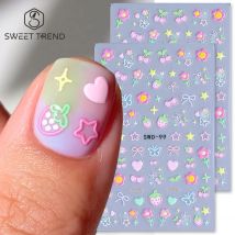 2 pezzi di adesivi per nail art con elemento dolce, semplice fiore, cuore, ciliegia, fragola, decalcomanie Kawaii, fiocco colorato, farfalla, cursori per manicure