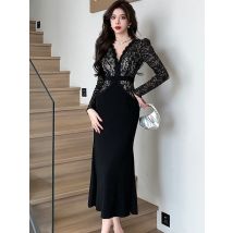 2025 neue Schwarz Patchwork Spitze V-ausschnitt Sexy Lange Kleid Herbst Weißere Koreanische Vintage Hepburn Kleid Frauen Elegante Luxus Party Kleid