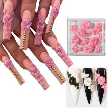 5PCS 3D Handmade Acrylic Carved Flower Nail Art Charms Pearl Rhinestone Sculpted Floral Jewelry Cherry Blossom Nail Supplies