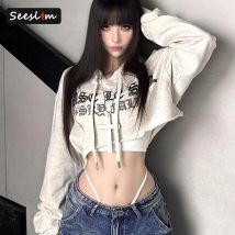 Seeslim Streetwear Grafik T Shirts Frauen Mit Kapuze Druck Herbst Tops Koreanische Mode 2000s Kleidung Y2k Tees Weibliche Kleidung T-shirt
