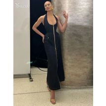 VC Edgy-Chic Denim Neckholder Reißverschluss ärmelloses rückenfreies Maxikleid für modisches Date-Nachtkleid