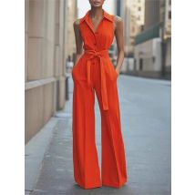 Ärmelloser Revers-Overall für Damen, modisch, Button-Down-Hemdkragen, einfarbig, weites Bein, Pendler, Büro, mit Taschen-Overall