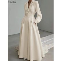 Women Autumn OL Work Dress ZANZEA 2025 Elegant Lapel Long Sleeve Office Dresses Solid Belted Robe Stylish A Line Party Vestidos