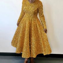 2024 Vintage-Mode Pailletten Frauen Kirche Swing Kleider Lange Hülse O-ansatz Hohe Taille Elegante Glitter Bankett Party Abendkleid
