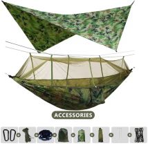 260 x 140 cm Outdoor-Doppel-Camping-Hängematte mit Moskitonetz und Regenfliegenplane, leichte Fallschirm-Hängematten für Reisen, Wandern