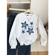 Straße Frauen Sweatshirts Nachahmung Denim Drucke Stern Grafik Pullover Mode Lose Crewneck Hoodie Warme Fleece Weibliche Kleidung