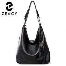 Zency Fashion Damen-Umhängetasche, 100 % echtes Leder, für den täglichen Gebrauch, zum Einkaufen, Hobos, klassische schwarze Tragetasche, Umhängetaschen