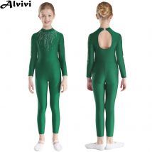 Kids Girls Shiny Rhinestones Gymnastics Jumpsuit Long Sleeve Ballet Dance Leotard for Figure Skating Acrobatics Yoga Performance