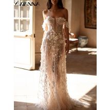 Verträumte Perlen 3D-Blume A-Linie Tüll Langes Hochzeitskleid Schulterfreies Brautkleid mit Pailletten Maßgeschneiderte exquisite Kleider für die Braut