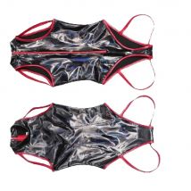 Frauen Sexy PU Kunstleder Einteilige Weste Overall Stereo-Splice Brust Design Schillernde Farbe Cosplay Body T-Schritt unterwäsche