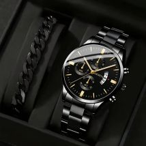 2 stücke Mode Für Männer Casual Business Sport Edelstahl Quarz Armbanduhr Kalender Männlich Klassische Armband Set Leuchtende Uhr