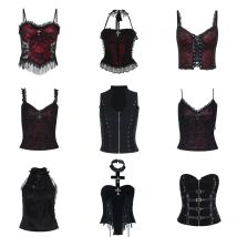 Goth Sexy Lace Corset Crop Tops Camis Y2K Harajuku Aesthetic Black Red Cross Basic Tank Top Summer Women Grunge Emo Streetwear