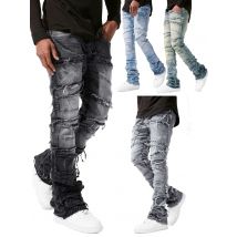 Neue Gestapelte Jeans für Männer Patchwork-Spleiß-Denim Zerrissene Waschung Ausgefranste Hosen Herren-Streetwear