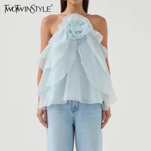 TWOTWINSTYLE, chaleco liso adelgazante a la moda para mujer, cuello Halter, sin mangas, Patchwork, volantes, pliegues, temperamento, Top, ropa femenina