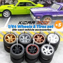 1/64 Wheels with Fixed Black Rubber Tires Six Spoke for Toy Model Diecast Cars Refiting Parts for Hotwheels (5 sets for 5 Cars)