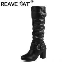 REAVE CAT Classic Women stivali alti al ginocchio punta tonda tacchi a spillo 7.5cm 51 52 stivaletti alla moda pieghettati