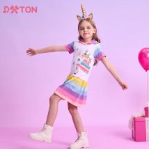 DXTON Mädchen Kleider Sommer Mit Kapuze Kinder Kleid Regenbogen Kurzarm Kinder Kleid Neue Applique Einhorn Baumwolle Mädchen Kostüme 3-12Y
