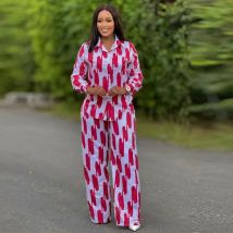 Afrikanische Mode Streifen Zwei Stück Set Frauen Frühling Herbst Casual Taste Lange Ärmeln Hemd Breite Bein Hosen Zwei Stück Set Frauen