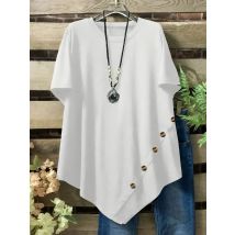 Plus Größe Neue Sommer frauen Einfarbig Rundhals Tops Taste Dekoration Kreative Unregelmäßige Saum Kleidung Kurzarm T-shirt