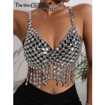 Sexy y2k clothes metal rhinestone corset crop top women summer body beach halter tank top see through nightclub party tops bra