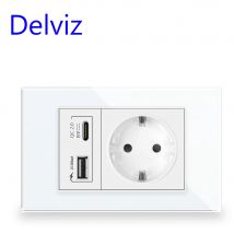 Toma de pared USB Delviz tipo C, con puertos USB de 2A, toma de corriente eléctrica, Panel de cristal de 120mm x 72mm, toma de corriente europea de 16A
