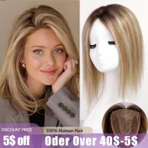 Blonde graubraune Remy-Echthaar-Topper für Frauen, 100 % Remy-Echthaarteile, Seidenbasis-Clips im Haar, gerade, 30,5 cm Topper