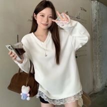 Chic Spitze Patchwork Langarm T Shirt Frauen Lose Warme Weiß O Neck Tops Koreanische Mode Büro Damen Casual V-ausschnitt Tees Neue
