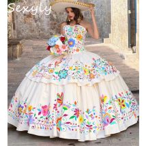 Maßgeschneiderte mexikanische Charro-Quinceanera-Kleider 2022, herzförmiges Ballkleid, Schnürung, bunte Stickerei, Fünfzehn-Geburtstagsparty-Kleid