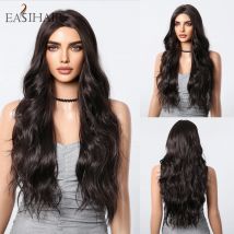 EASIHAIR Lange gewellte dunkelbraune synthetische Perücken für Frauen, Mittelteil, natürliches Wellenhaar, Cosplay, Perücken für den täglichen Gebrauch, hitzebeständig