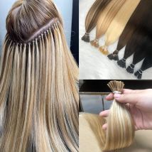 Gerade I-Tip Microlink Echthaarverlängerungen, vorgebundene Mikroperlen, echte Echthaarverlängerung für Salon, Schwarz, Braun, 50 Stück/Packung