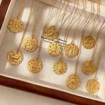 CARLIDANA 12 Zodiac Sign Round Coin Pendant Necklace Jewelry Gold Plated Stainless Steel Embossed Zodiac with Zircon Necklaces