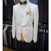 Herren-Hochzeitsanzüge, italienisches Design, Perlen, weiß, formelle Jacquard-Smokingjacke, 3-teilig, Bräutigam-Terno-Partyanzüge für Männer