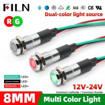 Lampada Segnaletica LED FILN 8mm 5/16" Bicolore Rosso-Verde, 3V 6V 12V 24V 110V 220V, Luce Pilota in Metallo con 3 Fili