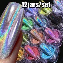 12 vasetti/set olografico glitter polvere fine per unghie 0.05mm super lucido unicorno arcobaleno polvere laser specchio fai da te polvere per manicure