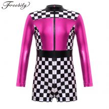 Kids Girls Racer Costume Long Sleeve Checkerboard Print Zipper Back Bodysuit Jumpsuit Halloween Cosplay Party Role Play Dress Up