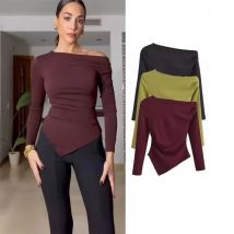 HXAO Damen T-Shirt Sommer Tops One-Shoulder Asymmetrische Langarm T-Shirts Damenbekleidung Y2K Off-Shoulder-Tops