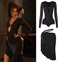 ZYM Latin Dance Clothes Women V Neck Leopard Tops Sequin Skirt Long Sleeves Practice Wear Rumba ChaCha Competition Dress NV25549