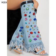 2025 Kristall Dekor Denim Dame Lange Stiefel Sexy Fransen Spitz Frau Kniehohe Stiefel Mode Quaste Jean Sandalen Stiefel 44