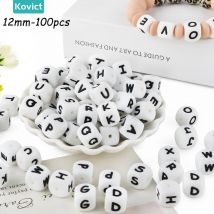 Kovict 100 Stück 12 mm Silikon-Buchstaben-Perlen, quadratische Alphabet-Perlen, DIY-Armband, Halskette, personalisierte Namenskette, handgefertigtes Zubehör