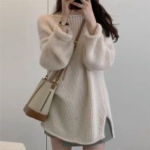 Damen Pullover Langer Schlitz Rund O-Ausschnitt Damen Strickpullover Lose Beige Koreanischer Stil Herbst Neue Strickwaren Ästhetische Oberbekleidung