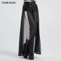 PUNK RAVE Damen Punk Hohe Taille Gefälschte Zweiteilige Halbrock Einfacher Stil Split Saum Sexy Perspektive Chiffon Frauen Lange Röcke