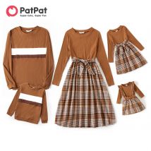 Patpat Familie passende Outfits Winter Kaffee gerippt gespleißt Plaid Gürtel Kleider und Langarm Color block Tops Kleidung Set