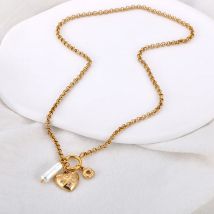 JeeMango Weiße Perle Herz Anhänger Halsketten für Frauen Rostfrei Metall Gold Farbe Mode Persönlichkeit Schmuck JN24099